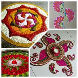 Some more rangoli designs - pookalam (flowers), floral design free hand rangoli (colour powder), flower rangoli in water, ready to use kundan rangoli respectively