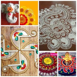 Some rangoli designs - with rice grains, flowers, white rangoli powder, kundans, flowers, kundans respectively.