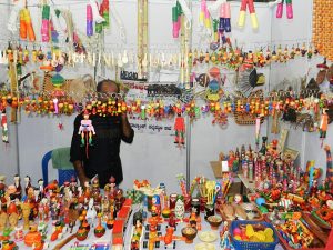 These beautiful famous Chennapatna handicraft wooden toys are seen at Khadi Utsav 2017. The toys are known for the eco-friendly dyes put on them.