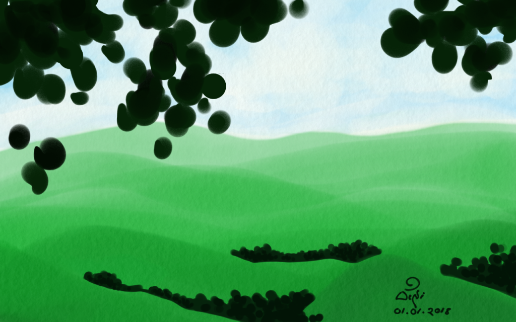 A digital painting drawn with Adobe Photoshop Sketch app depicting an imaginary landscape with green hills seen through the silhouette created by the leaves of a tree nearby.