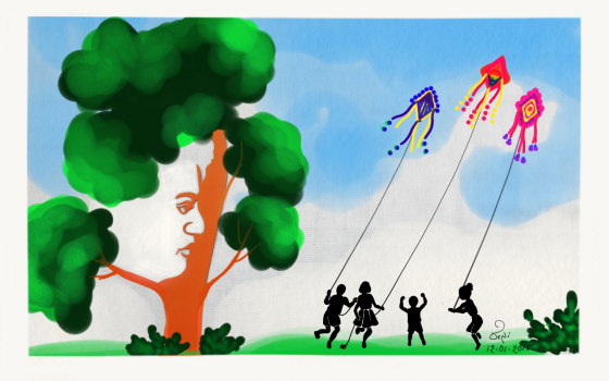 A digital art depicting Kids Flying Kites of their dreams in the Shade of the tree of Vivekananda's Wisdom. This artwork is made with Adobe Photoshop Sketch app on the occasion of 'Vivekananda Jayanti' and festival of 'Makara Sankranti'
