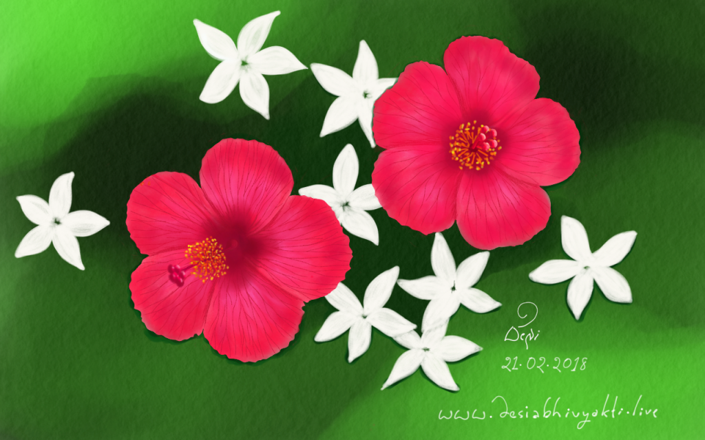 Let's Blossom - Floral Digital Painting with hibiscus and Jasmine flowers